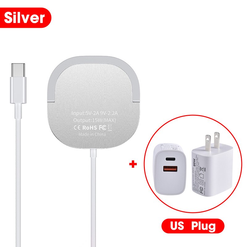 15W Magnetische Draadloze Oplader Voor Iphone 13 12 Pro Max Mini Qi Fast Charge Voor Samsung Usb C Pd adapter Originele Magneet Charger: Silver With US Plug