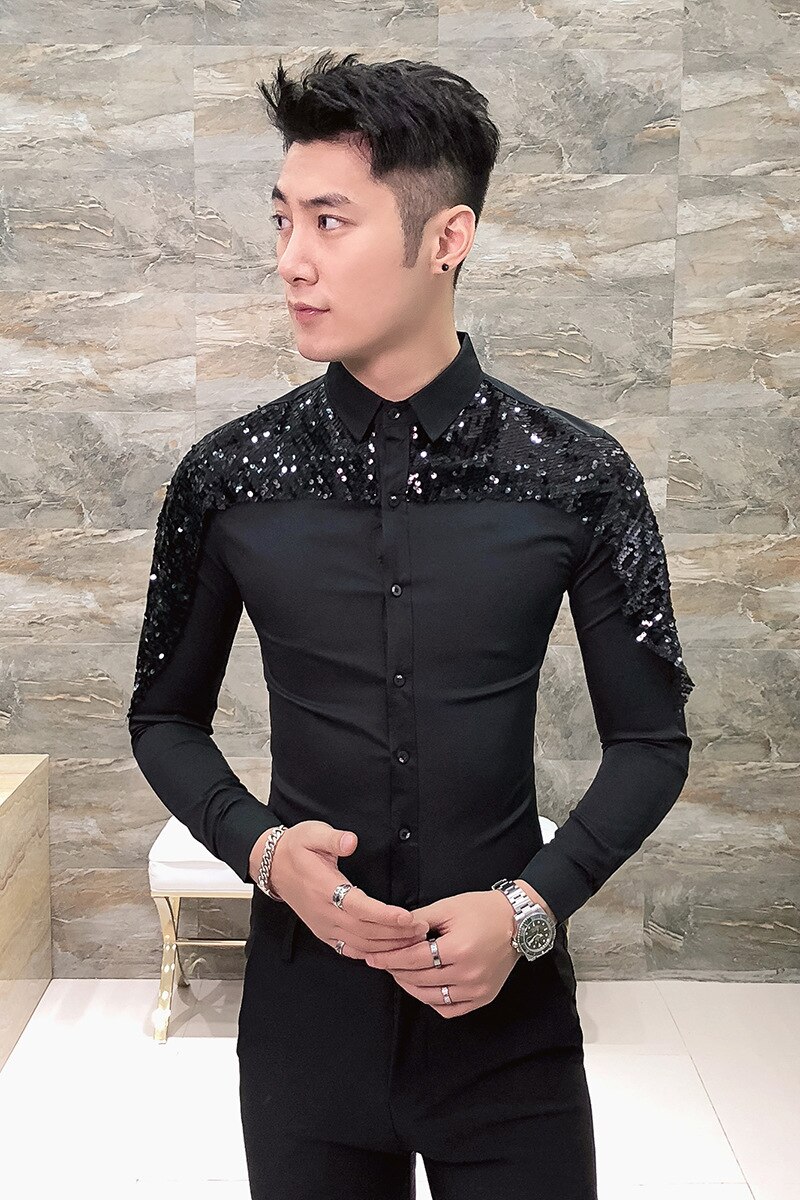 Koszula męska marki szczupły dopasowanie, koreańska, z cekinami, z długim rękawem, na co dzień, robić klubu nocnego, na imprezę, na studniówkę, na ramiączkach