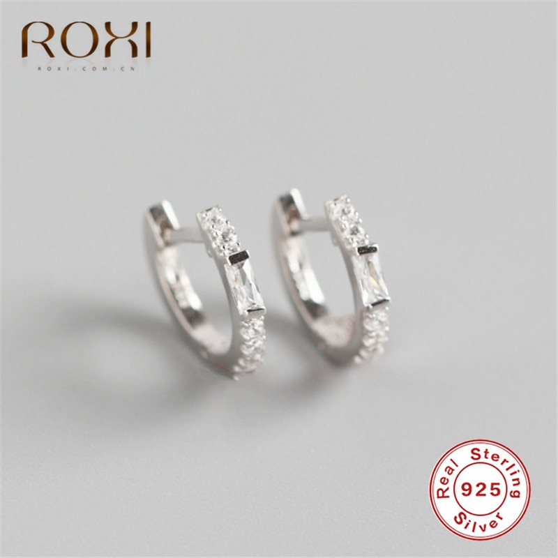 ROXI 925 Sterling Silver Clear Zircon Circle Stud Earrings for Women Square Crystal Loop Earrings Korean Jewelry Wedding Earring