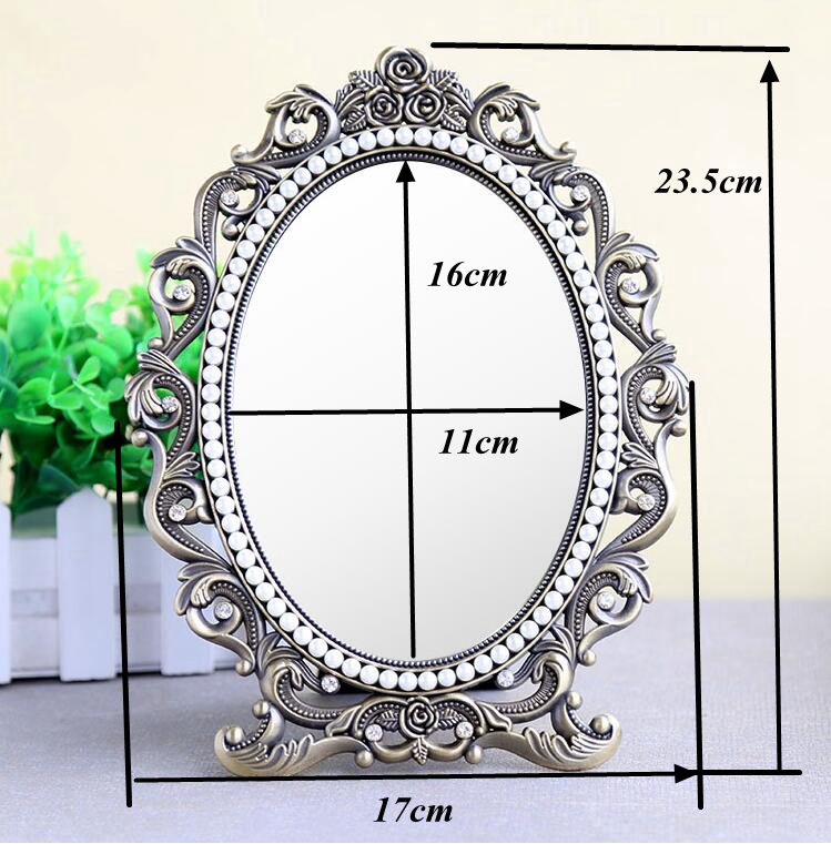 Espejo cosmético de escritorio retro para maquillaje, marco de metal con perlas en relieve floral, Decoración de mesa, bronce plateado, 337A