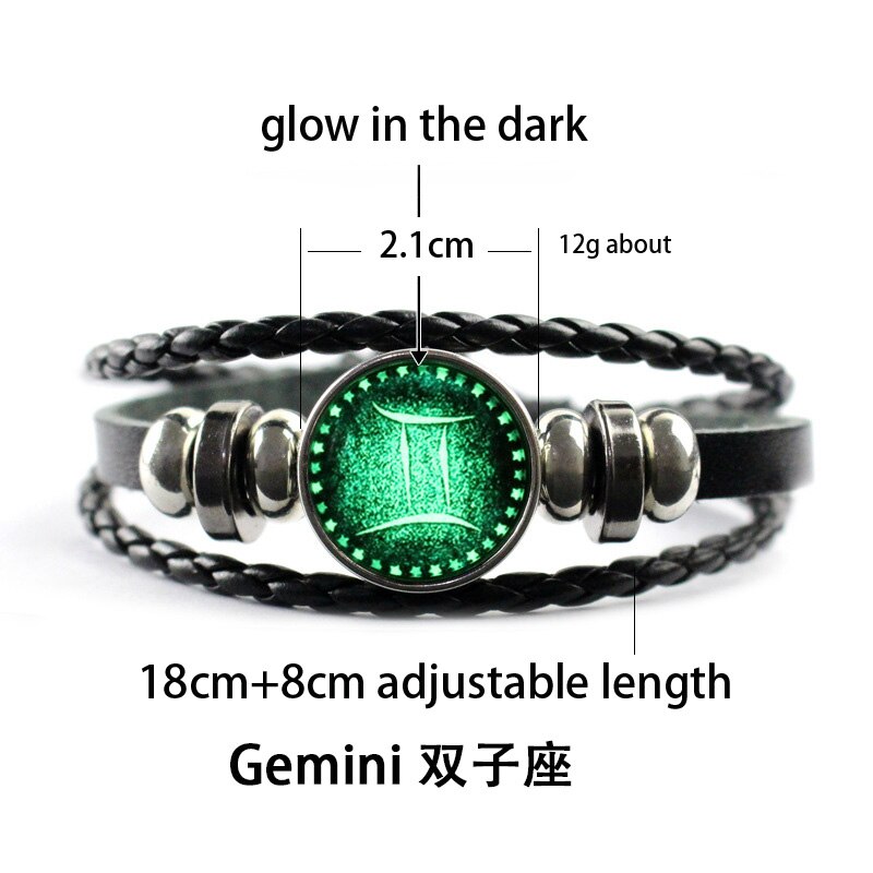 Luminous 12 Constellation Glow In The Dark Bracelet Men Leather Glowing Night Fluorescence Charm Bracelets for Halloween: Gemini