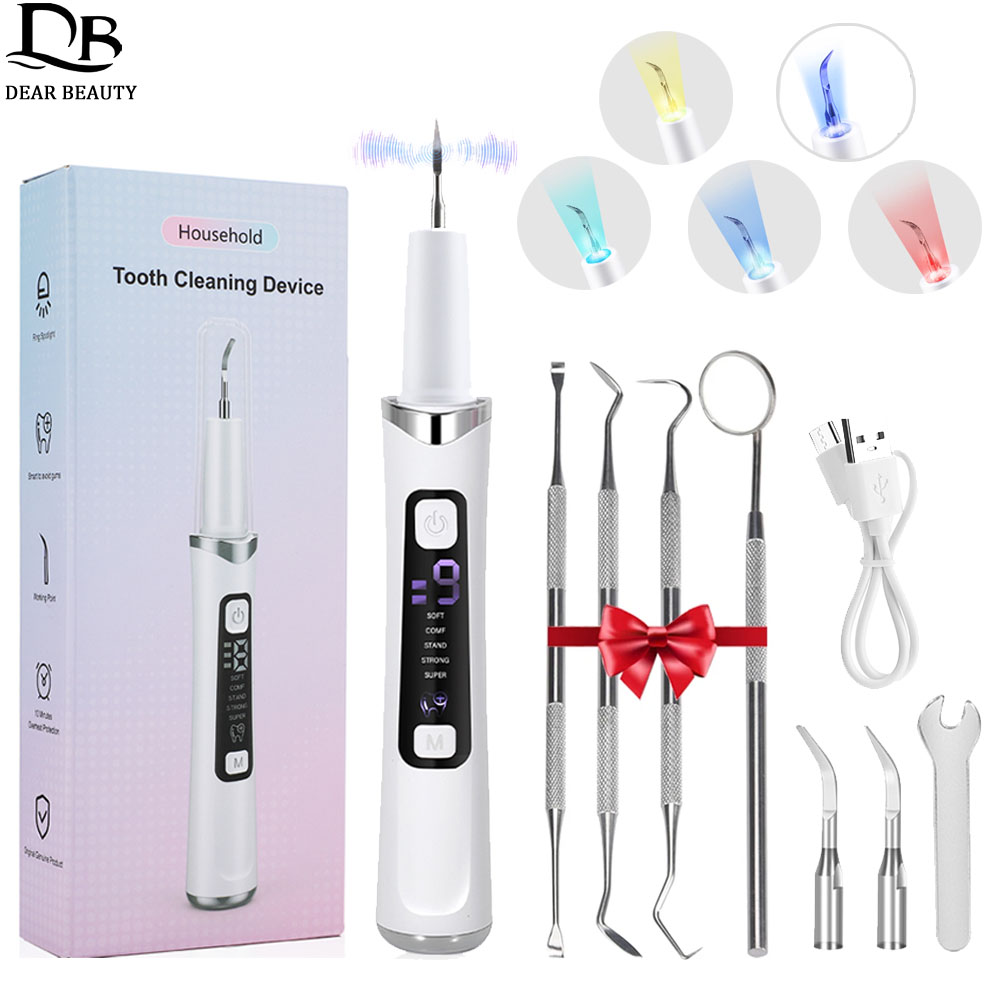 5 ledet-lys ultralyd tannrens 9 nivåer tannskaler kalkfjerner plakk flekker tannstein fjerning tannrens verktøy