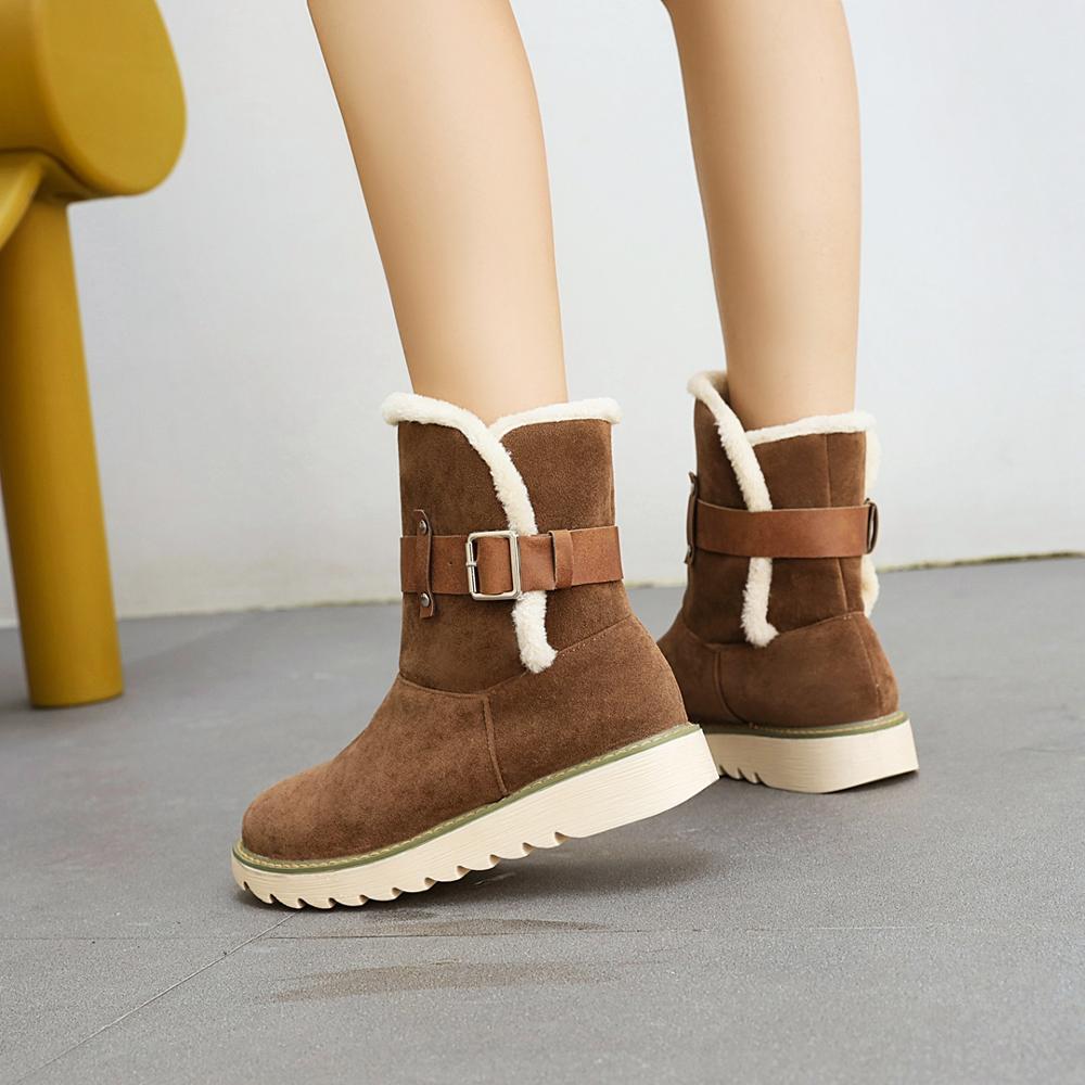 Boots Women Winter Plush Shoes Casual Platform Ankle Boots Ladies Buckle Wedge Snow Boots Female Leather Bota Feminina: Camel / 10