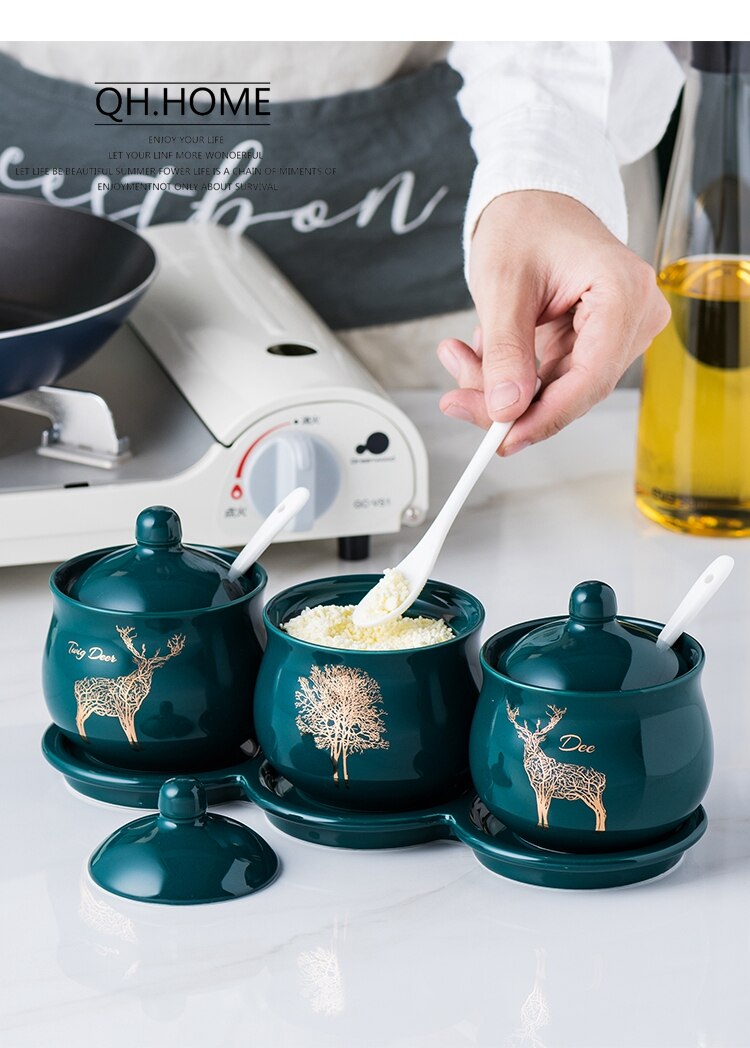 Green Color Forest Ocean Style Sugar Bowl Home Kitchen Set Ceramica Salt Condiment Pot Jars