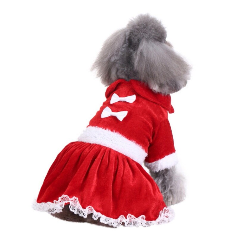 Vinter varm julekjole dejlig rød sløjfe hvalpe nederdel kæledyr hund blonder bomuld jule hund kostume yorkie chihuahua kattetøj