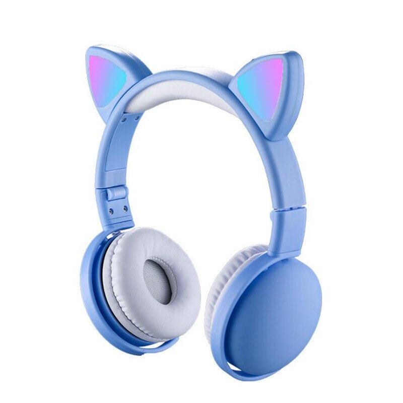 Mignon LED chat oreille bruit annulation casque Bluetooth 5.0 pliable Gamer musique casque avec Microphones pour enfants fille: Blue