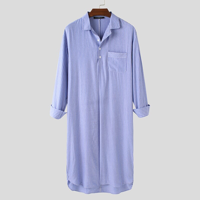 Mannen Gestreepte Gewaden Leisure Revers Lange Mouw Knop Comfortabele Homewear Nachtjapon Casual Heren Badjassen Nachtkleding S-5XL Incerun: Blue / S