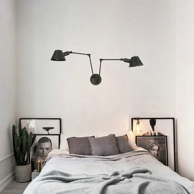 Svart rustikk årgang svømmearm vegglampe retro lange leselys på veggen justerbar jernapplikasjon murale armatur hjem