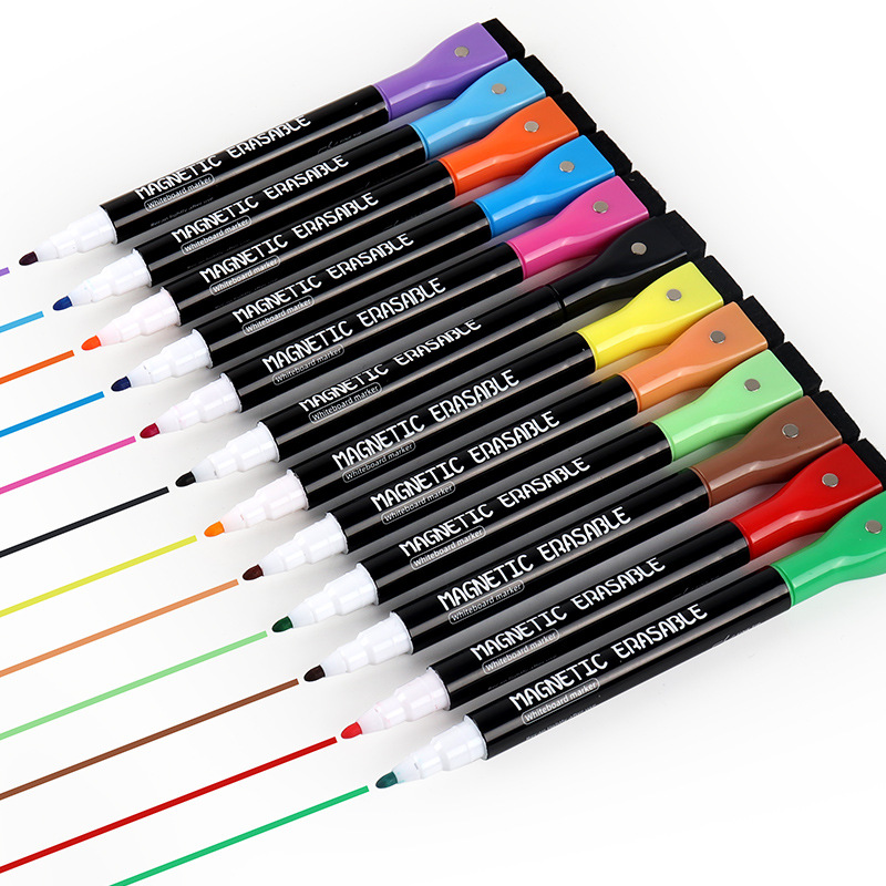 12 Stks/set 2024 Coloful School Klaslokaal Benodigdheden Magnetische Uitwisbare Whiteboard Pennen Markering Droge Gum Pagina 'S Kinderen Tekening