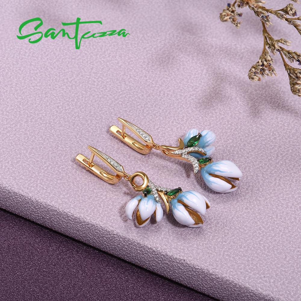 SANTUZZA Silver Earrings For Women Authentic 925 Sterling Silver Gold Color Delicate Orchid Flower Fine Jewelry Handmade Enamel