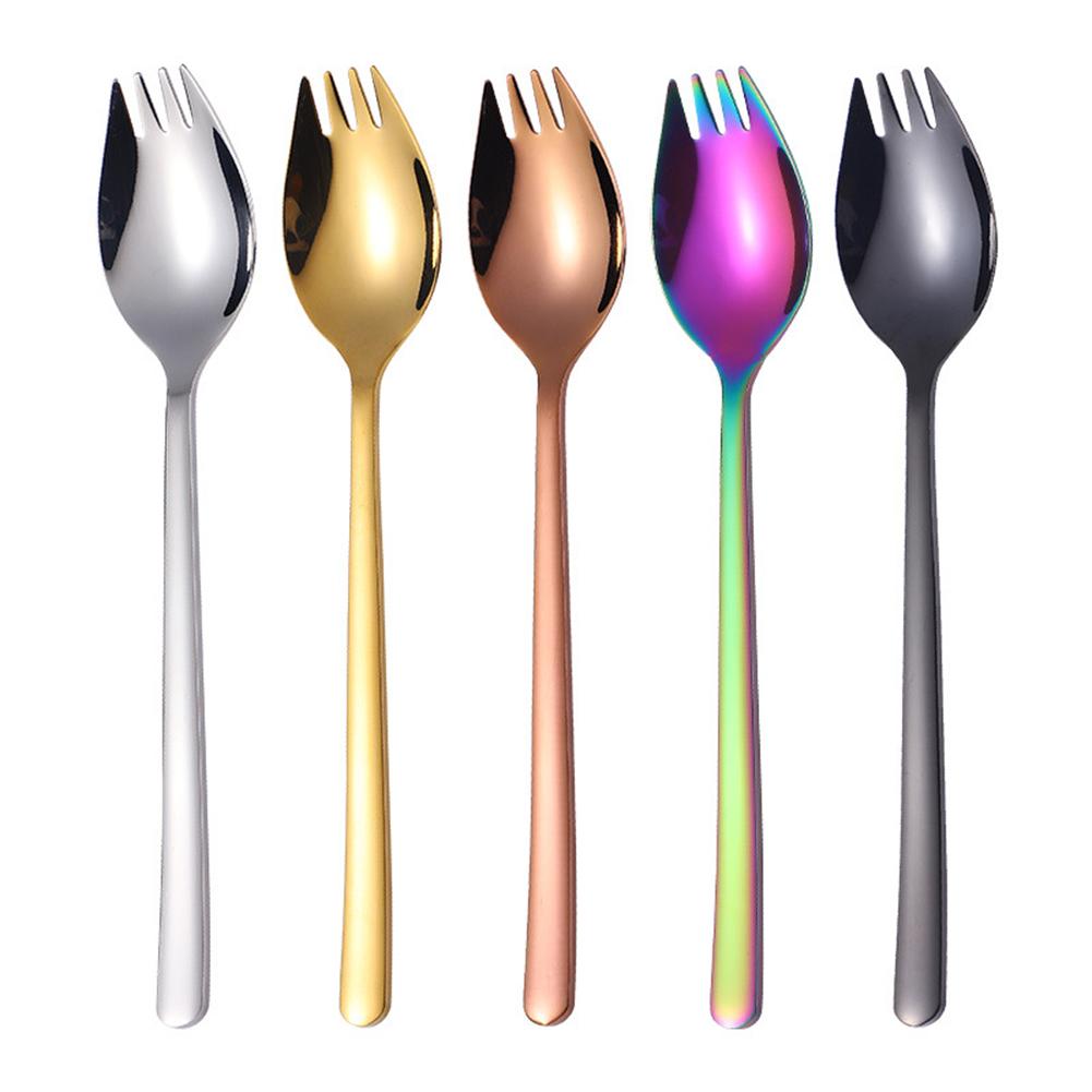 Tenedor multifunción de acero inoxidable 2 en 1, cuchara portátil para Fideos, fruta, ensalada, tenedor de viaje al aire libre, utensilios de cocina, 1 ud.