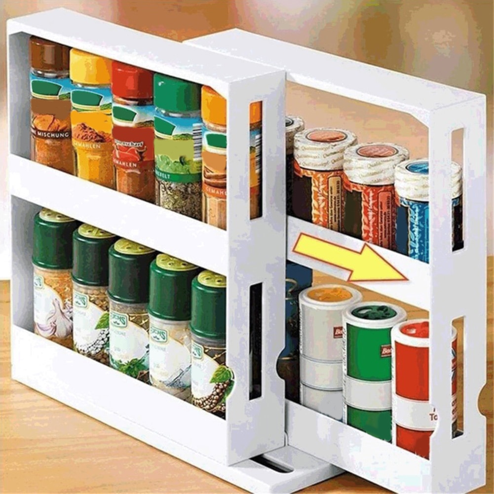 2 Layers Rotating Storage Shelf Cabinet Bottle Spice Rack Push-pull Multi-Functional Kitchen Accessories Food Box