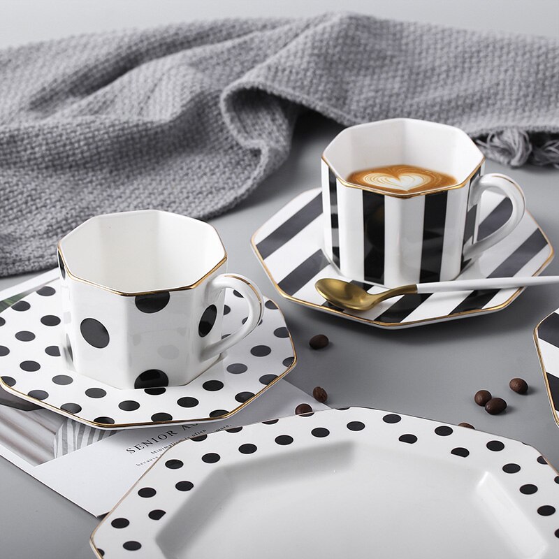 British style 9inch Octagonal Ceramic Plate Black White Dot Stripe Tableware Coffee Plates Dishes Afternoon Tea Set Home Kitchen