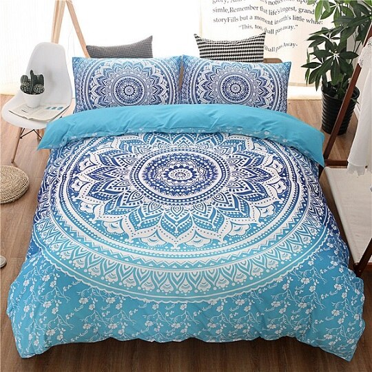 Bohemiska sängkläder set mandala tryck blå svart vit boho enkel dubbel queen king size påslakanset (ingen fyllning inget lakan): Blå / 200 x 230cm 3 st