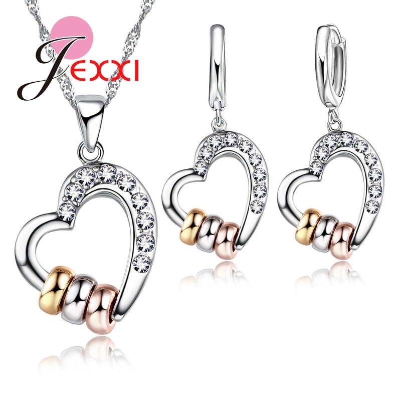Luxe 925 Sterling Zilveren Ketting Oorbellen Sieraden Sets Clear Cz Crystal Rhinestone Heart Shape Womens Sieraden Sets