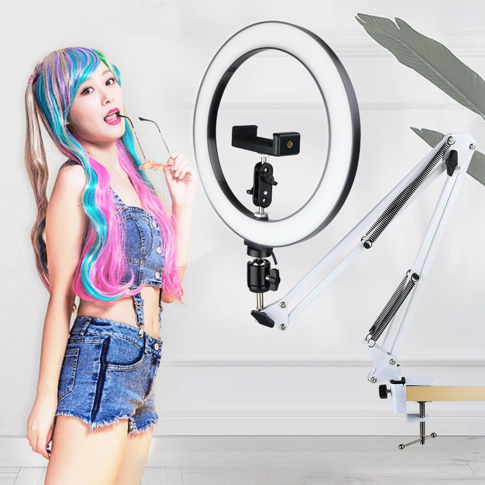 Dimbare Led Selfie Ring Licht 3 Kleur Warm Koude Lamp Met Bureau Lange Arm Telefoon Houder Stand Fotografie Licht Voor foto Studio