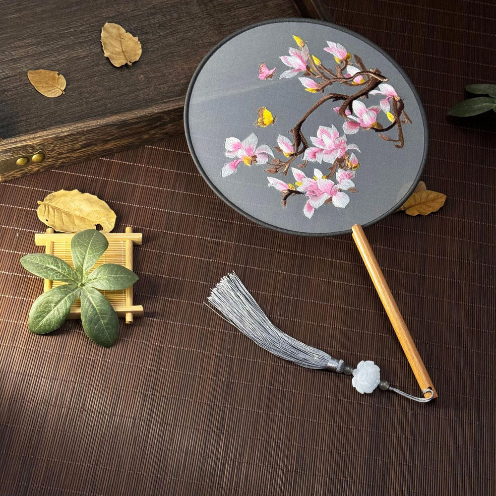 Red Flower Silk Fan Double Sided Embroidery Round Fan Chinese Palace Hanfu Hand Fan Craft Wedding For Guests Home Decor: Brown