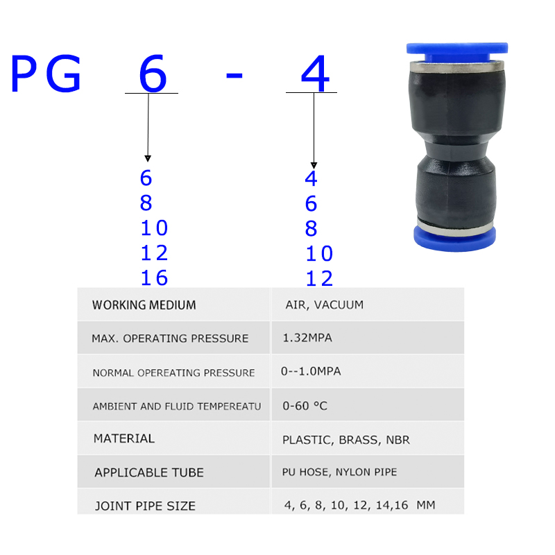 10PCS PG Series Unequal Diameter Air Tube Fitting Straight Union,One Touch Push In Pneumatic Fitting Connectors
