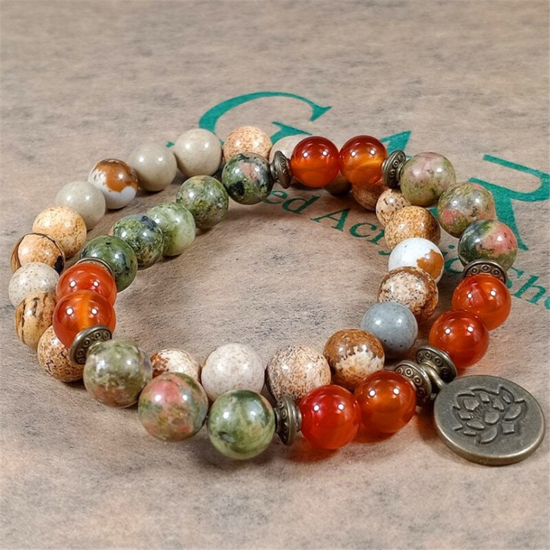 Pingente de pedra mala cristal lotus om j-asper, conjunto de pulseira para homens e mulheres, medesembaraçação yoga pulseira 2 pc: Lotus