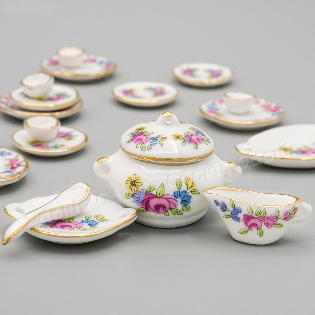 Odoria 1:12 miniatyr 17 stk porselen servise rosa rose dukkehus kjøkkenutstyr