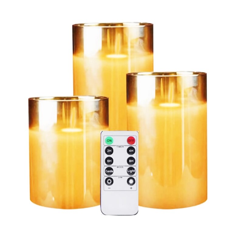 Amber Glass LED Flameless Candles Flickering with Remote,Battery Operated,For Wedding,Festival Decorations,3 Pack
