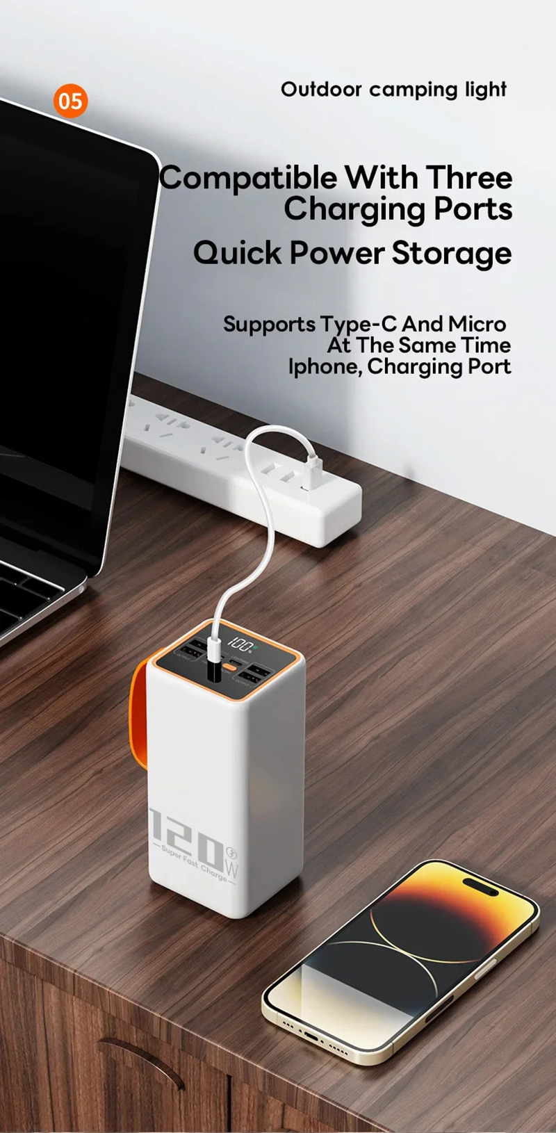 Powerbank 200000 mah, 120w schnellladefunktion, tragbarer draussen-lader, wasserdichter akku, Dual-usb-ladefunktion mit LED-beleuchtung