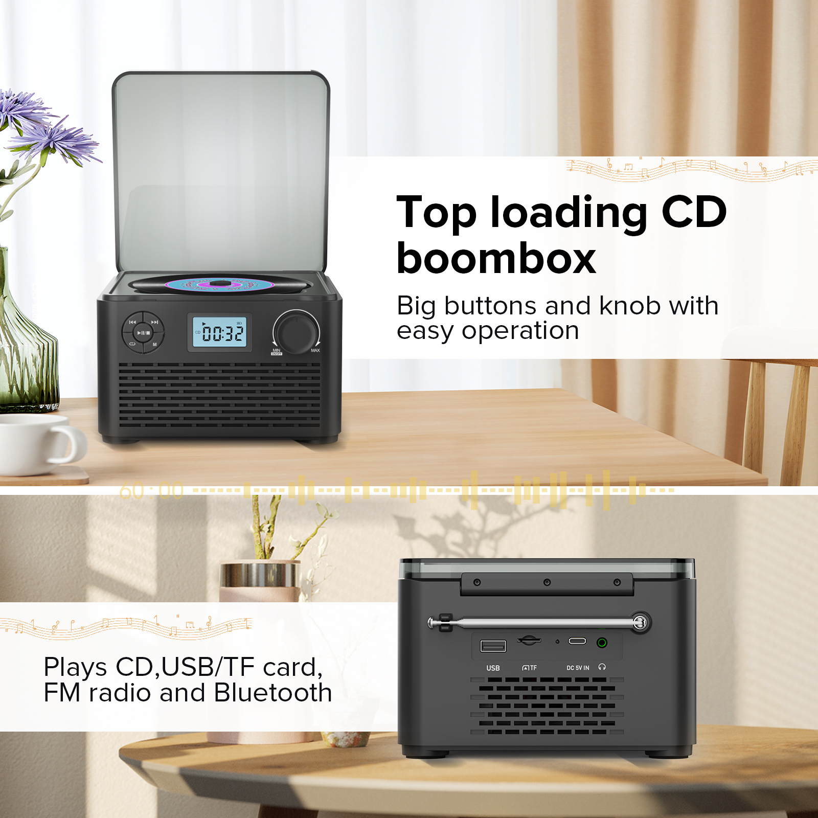 Portable cd radio boombox rechargeable with bluetooth cd player portable with speakers and USB mp3