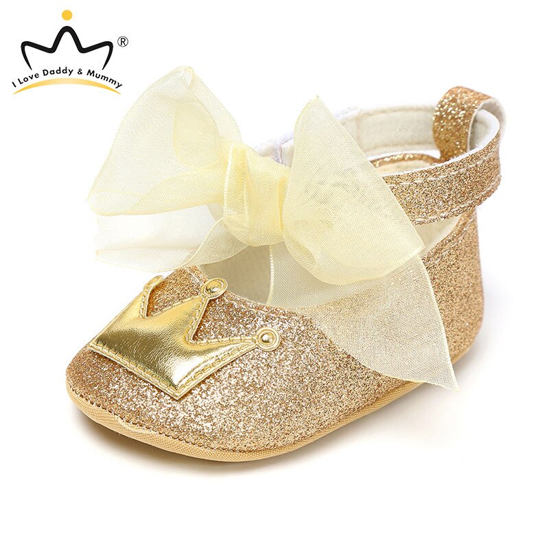 Sommar baby skor första vandrare söt kronrosett blomma baby flicka skor mjuka sulor halkfria spädbarn småbarn flickor: Guld- / 13-18 månader