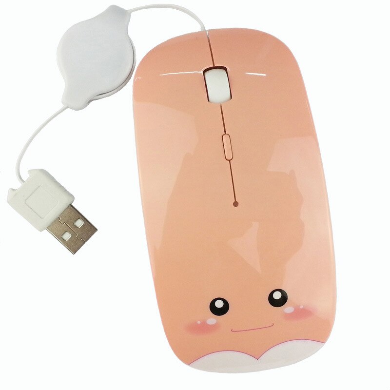 Retractable Wired Mouse Cartoon Gaming Mouse Silent Computer Mouse 1600DPI Optical Mouse Pink Blue White Mouse