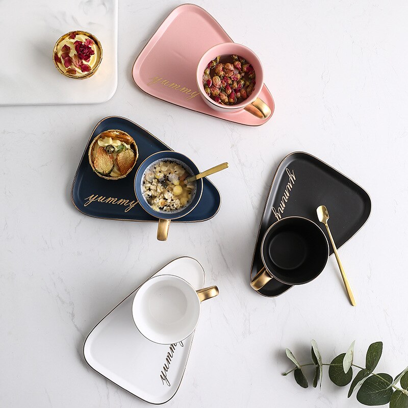 Creatieve Keramische Koffie Set Porseleinen Koffie Kop En Lade Met Gratis Lepel 250 Ml Nordic Stijl Tonen Plaat Voor Photogragh