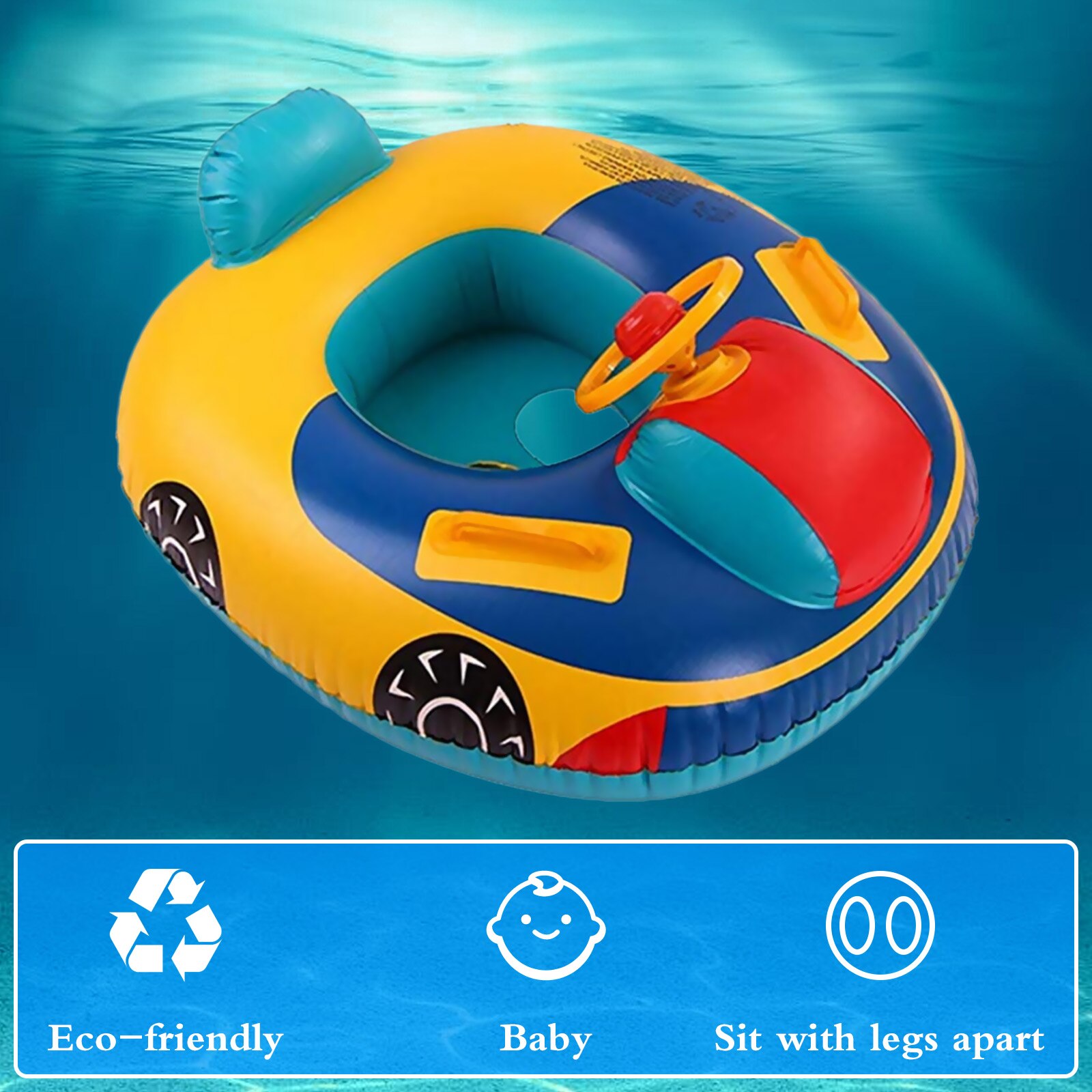 Asiento inflable de coche de dibujos animados para niños, flotador de anillo de natación con asas para volante, piscina tina de baño