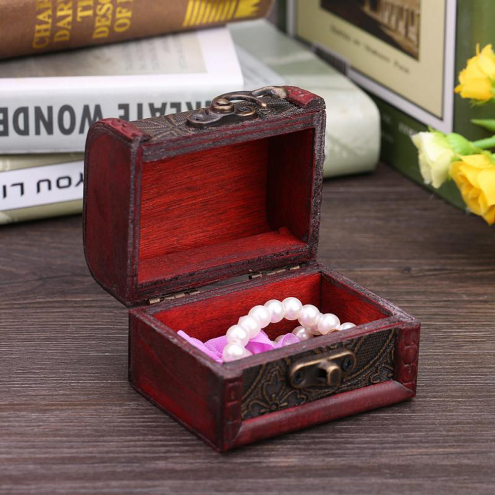 Vintage retro treboks med lås oppbevaringsbeholder eske smykker armbånd perle ring tre skattekasse bryst arrangør
