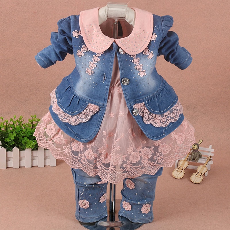 Niños conjunto, ropa de bebé niña 3 piezas traje de chaqueta pantalones de mezclilla otoño primavera ropa jeans para bebé niño chico Rosa kit de bebe