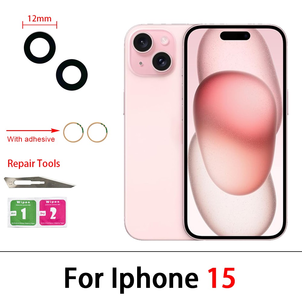 2Pcs，Rear Back Camera Glass Lens For IPhone 15 14 Plus 13 12 mini 11 Pro Max Camera Glass With Glue Adhesive Sticker Repair Tool: Pink