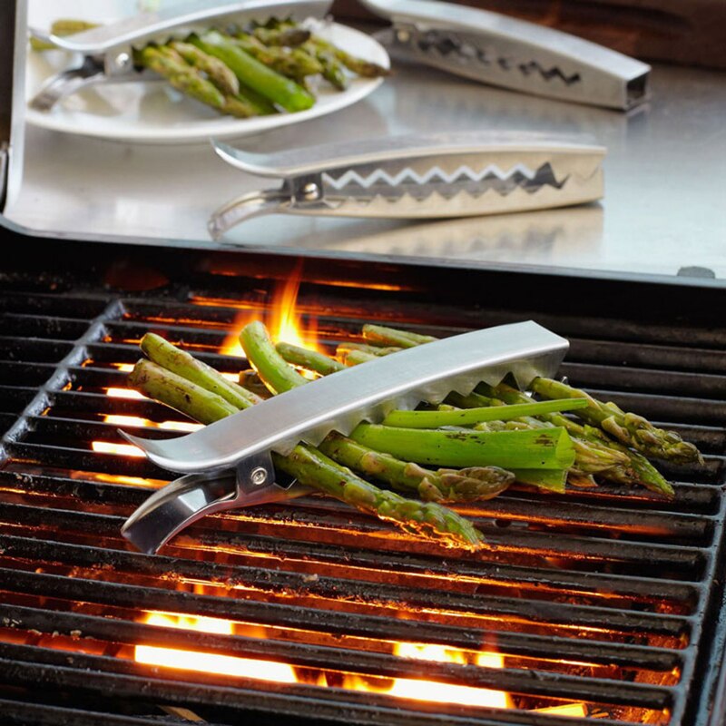 4pcs/set Stainless Steel Grill Clips Vegetable Grill Tongs Barbecue Grill Veggie Roasting Clamp Outdoor BBQ Accessories 6.25 in