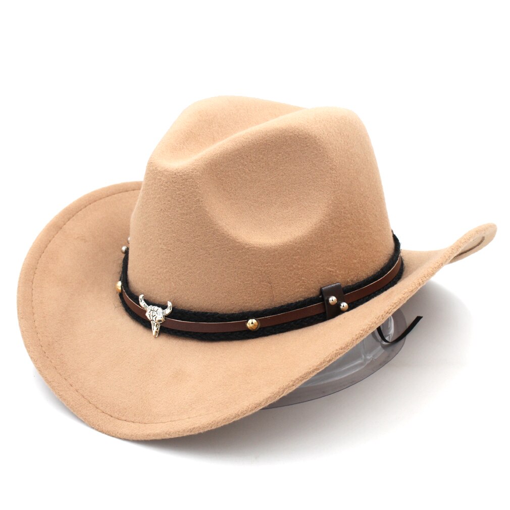 Mistdawn Wild Western Cowboy Hat Cowgirl Sombrero Cap Wool Blend Stiff Wide Brim with Tauren Leather Belt Size 56-58cm BBI: Khaki