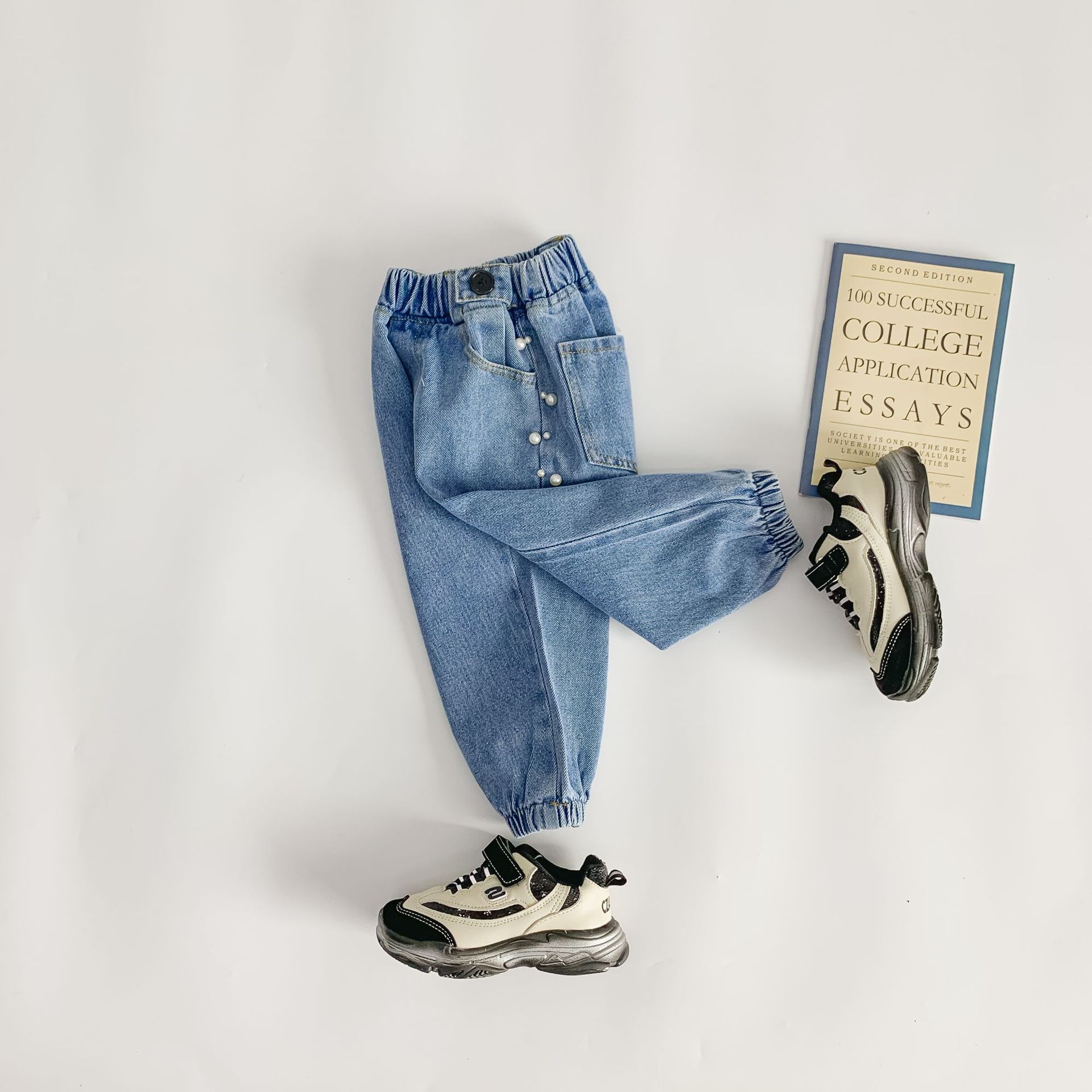 Pantalon en denim avec perles latérales pour filles de 1 à 6 ans, tenue d&#39;automne assortie