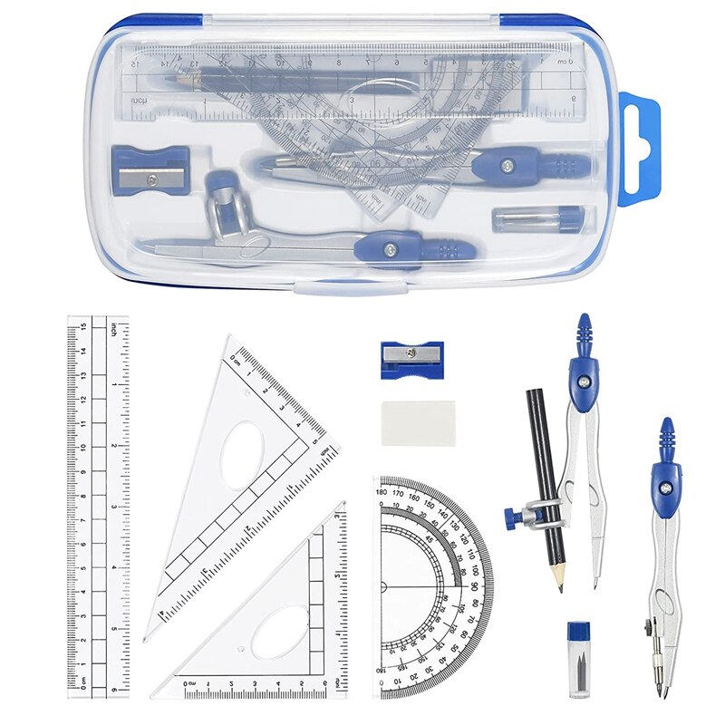 10 Piece Math Geometry Kit Sets Student Supplies for Drafting and Drawings with Shatterproof Storage Box
