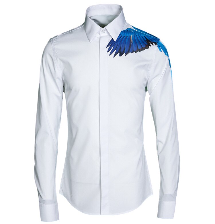 Lyxig flygande minlgu fåglar tryckt skjorta män casual långärmad slim fit herrklänning plus size 4xl skjortor man