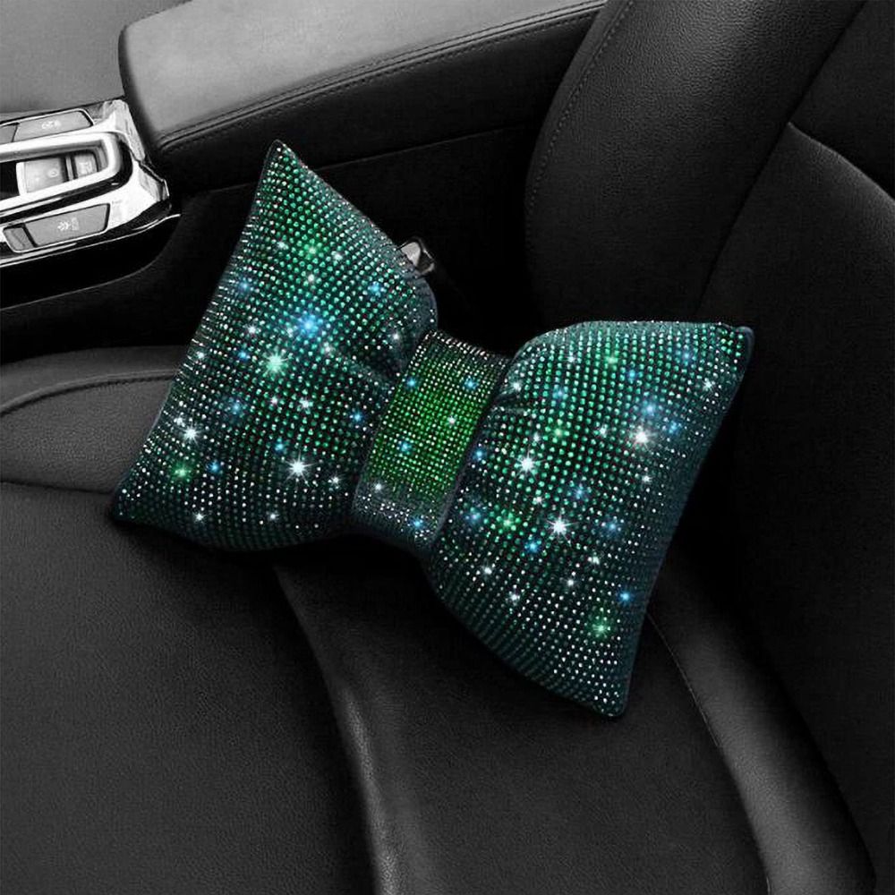 Rhinestone Crystal Bow Car Headrest Bling Neck Rest Crystal Bowknot Car Neck Pillow Ergonomic Multifunctional: green