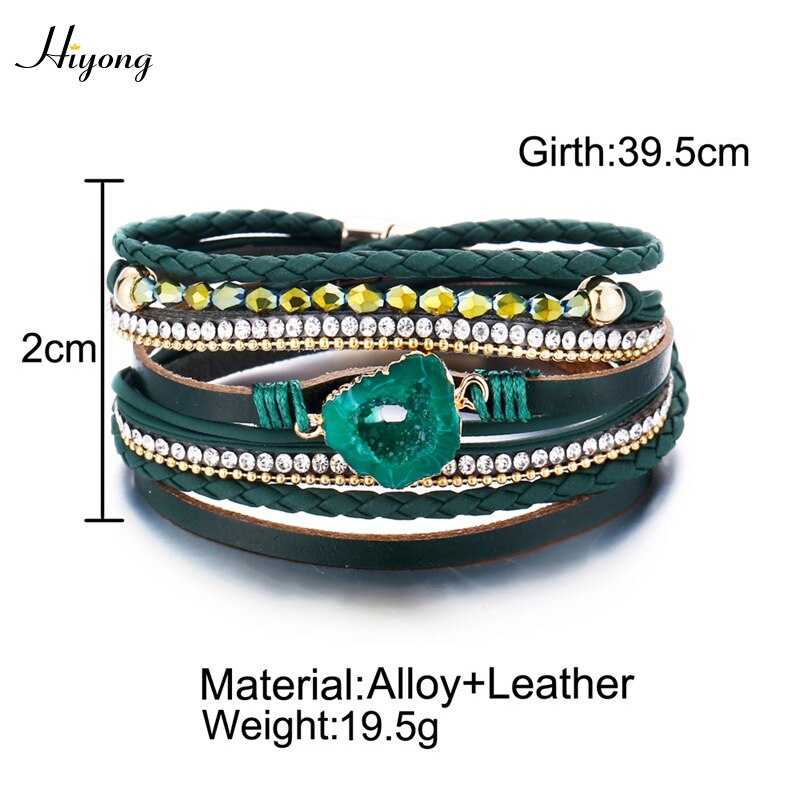 HIYONG Green Multilayer Leather Bracelet Vintage Magnet Buckle Bracelets Crystal Rhinestone Wrap Bracelet Boho Female Jewelry