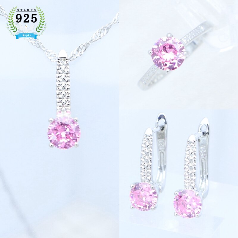 925 Sterling Zilveren Bruids Sieraden Set Sapphire Oorbellen Hanger Ketting Open Ring Voor Vrouwen Gratis Box: Roze