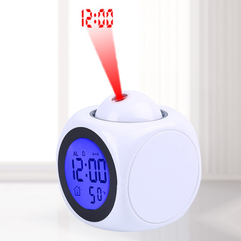 LCD Projection LED Display Time Digital Alarm Clock Talking Voice Prompt Thermometer Snooze Function Desk Night Light Clock: White