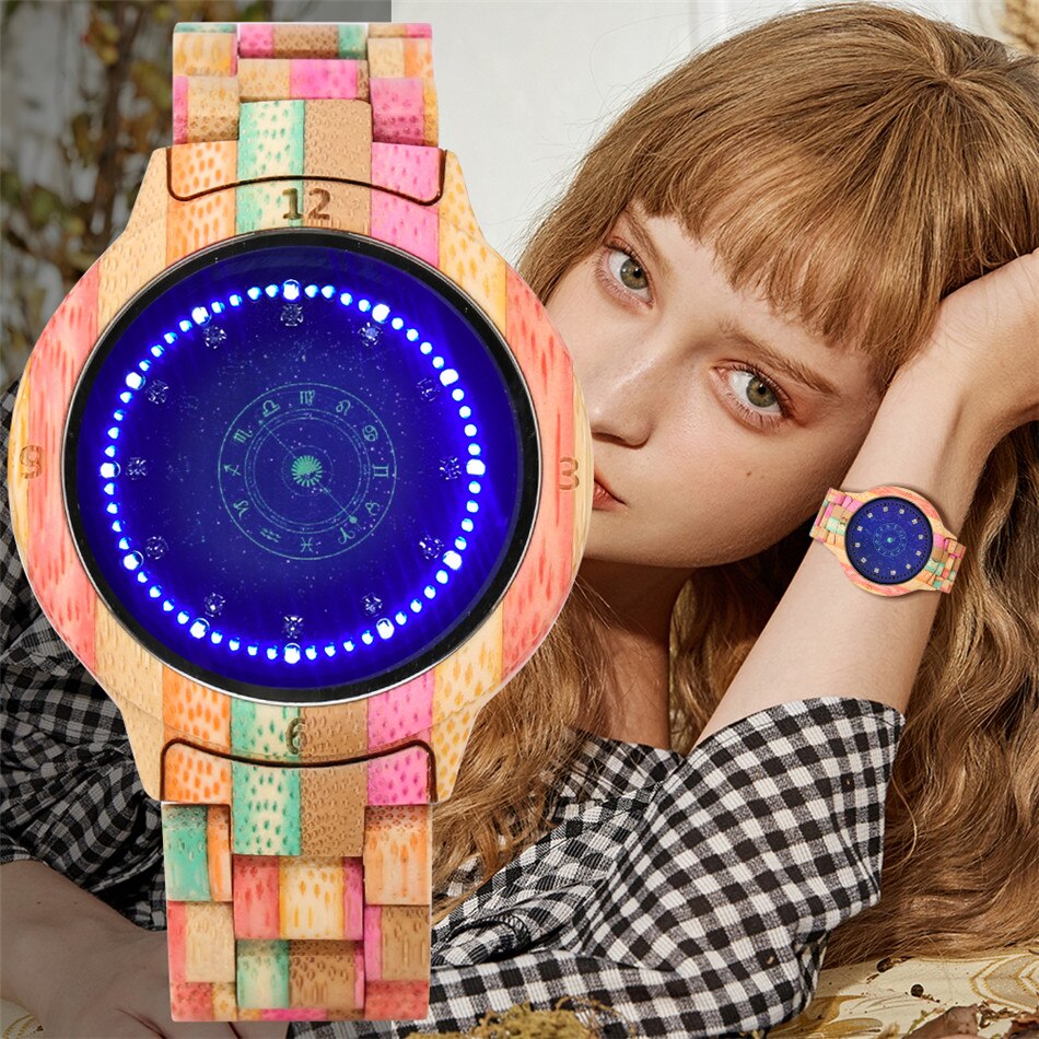 Redfire starry blue 12 constellations display led digitaal dameshorloge multi-color bamboe houten horloge dames