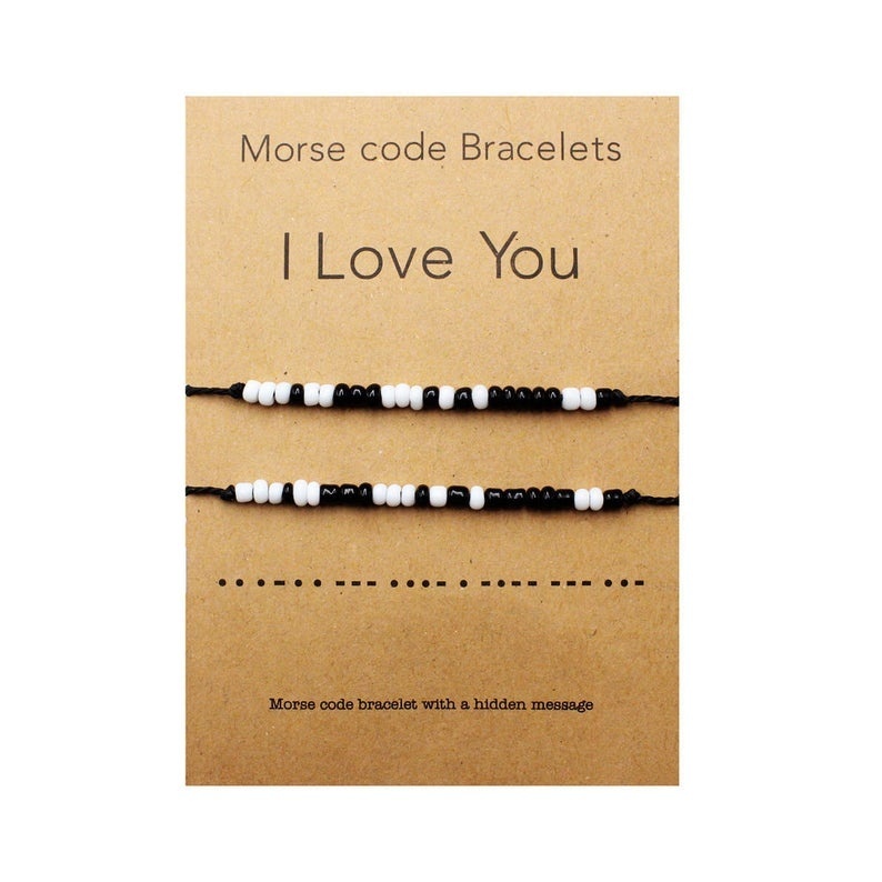 ICH Liebe Sie Morse Code Armbinde Paare Passende Armbänder für Ihn oder sie, Freund und Freundin, murmeln und Tochter: 2Stck mit Karte