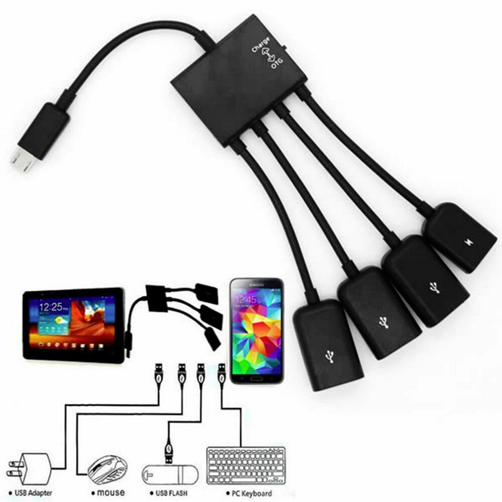 Câble de Hub noir d'otg de puissance d'otg de puissance d'usb de 4 ports chauds pour des accessoires de souris de disque du Smartphone U de tablette d'android