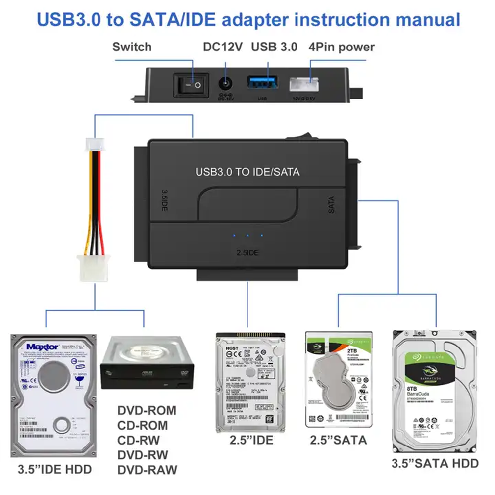 Adaptador USB a SATA IDE HDD, Cable USB 3,0 a 2,5 "/3,5", convertidor de disco duro Sata IDE, Cable de conversión de transferencia de datos 3 en 1 para PC