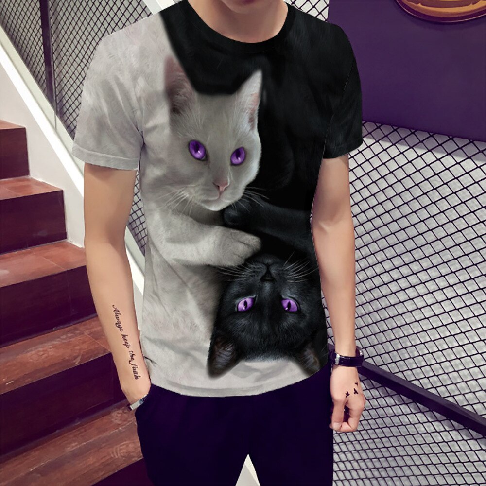 Casual 3D couple black and white cat top digital printing round neck short sleeve t-shirt