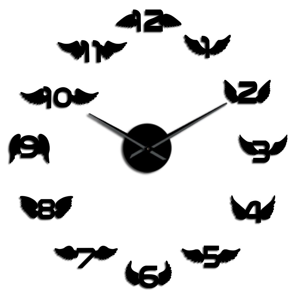 Bird Wings DIY Giant Wall Clock Angel Wings With Mirror Numbers StickersKid Room Wall Decor DIY Hanging Watch Frameless Horloge: Black / 37 Inch