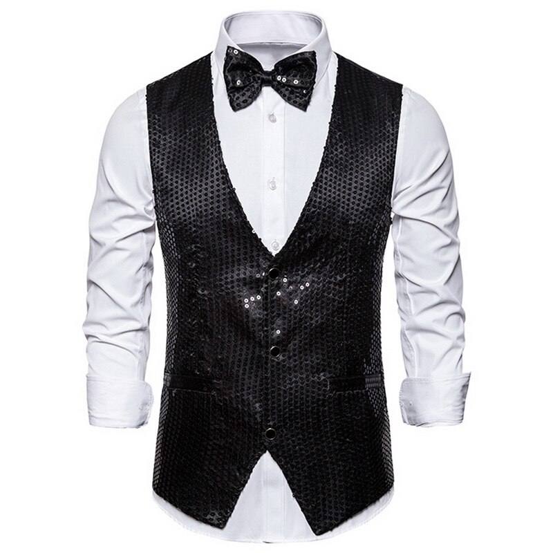 Oeak mænd pailletter blazere vest luksus skinnende jakkesæt vest mænd nattøj scenetøj afslappet mandlig glitter vest: Sort / S